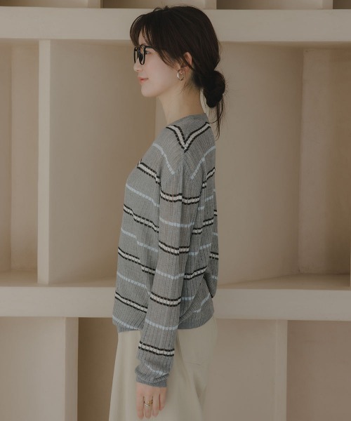 slattgir(スラットジール)の「高身長 透かし編みボーダーニット(トールサイズ)Essenave(ニット/セーター・レディース・ネイビー/グレー・TM/TL/TLL/T3L)」の19枚目の写真