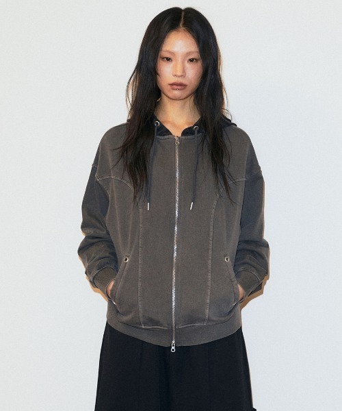 MAHAGRID(マハグリッド)の「mahagrid 『mahagrid/マハグリッド』 Pigment Stripe Mix Zip-Up Hoodie/ピグメントストライプミックスジップアップパーカー(パーカー・レディース・チャコールグレー/パープル・FREE)」の1枚目の写真
