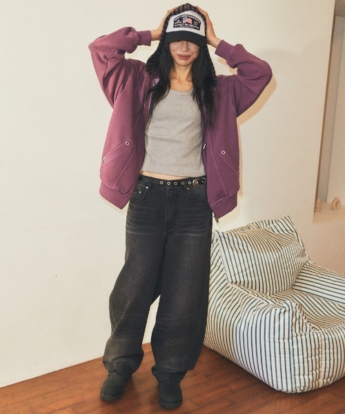 MAHAGRID(マハグリッド)の「mahagrid 『mahagrid/マハグリッド』 Pigment Stripe Mix Zip-Up Hoodie/ピグメントストライプミックスジップアップパーカー(パーカー・レディース・チャコールグレー/パープル・FREE)」の12枚目の写真