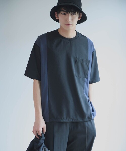 COMME CA ISM（コムサイズム）の「ライトウエイトポリエステル ブロッキング 布帛Tシャツ（Tシャツ/カットソー・メンズ・グレー/ベージュ/ブラック・LARGE/MEDIUM）」の2枚目の写真