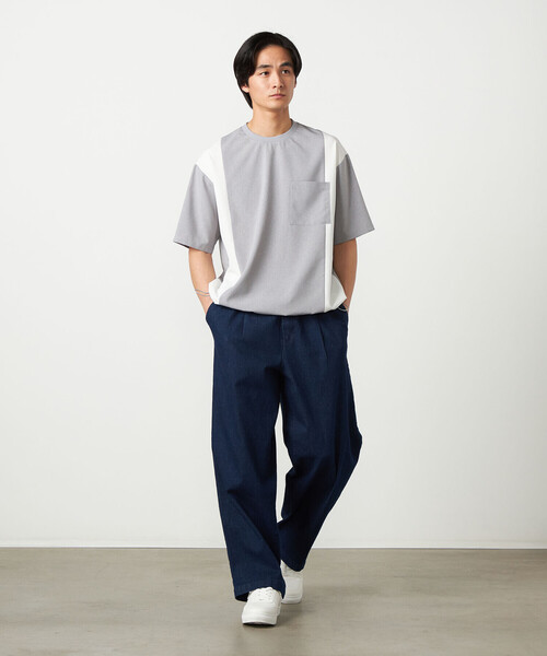 COMME CA ISM（コムサイズム）の「ライトウエイトポリエステル ブロッキング 布帛Tシャツ（Tシャツ/カットソー・メンズ・グレー/ベージュ/ブラック・LARGE/MEDIUM）」の4枚目の写真