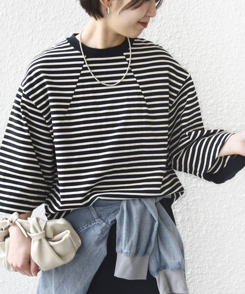 SHIPS（シップス）の「バスク ボーダー / 無地 5分袖 TEE（Tシャツ/カットソー・レディース・ホワイト/オリーブ/ブラック・ONE SIZE）」の3枚目の写真