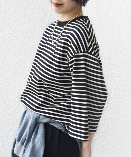 SHIPS（シップス）の「バスク ボーダー / 無地 5分袖 TEE（Tシャツ/カットソー・レディース・ホワイト/オリーブ/ブラック・ONE SIZE）」の17枚目の写真