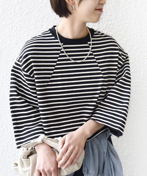 SHIPS（シップス）の「バスク ボーダー / 無地 5分袖 TEE（Tシャツ/カットソー・レディース・ホワイト/オリーブ/ブラック・ONE SIZE）」の19枚目の写真