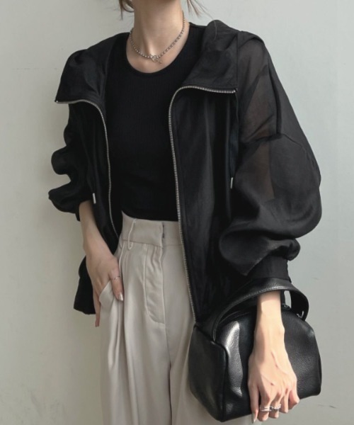 Belle Cie(ベルシー)の「ふわっと透け感フード付きシアーブルゾン(その他トップス・レディース・ブラック/サックスブルー/ホワイト/グレー/ネイビー/ゴールド/ミント・FREE)」の8枚目の写真