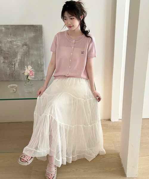 DAY CLOSET（デイ クローゼット）の「【ロング丈/裏地付き】軽やか仕上げ。ダブル ティアード スカート レディース（スカート・レディース・アイボリー/ブラック・FREE）」の5枚目の写真