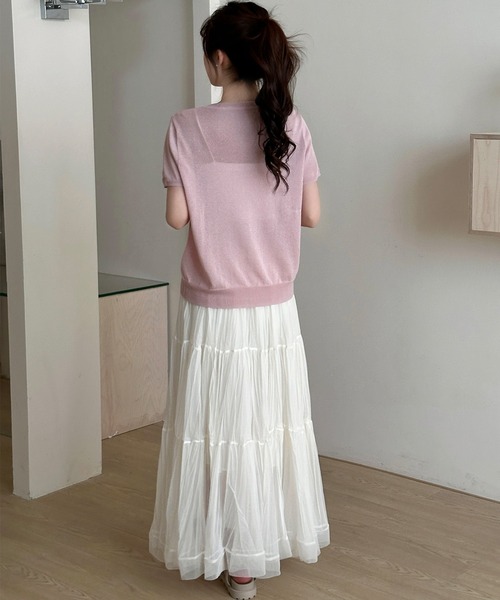DAY CLOSET（デイ クローゼット）の「【ロング丈/裏地付き】軽やか仕上げ。ダブル ティアード スカート レディース（スカート・レディース・アイボリー/ブラック・FREE）」の9枚目の写真