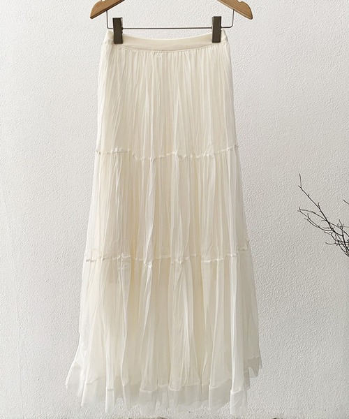 DAY CLOSET（デイ クローゼット）の「【ロング丈/裏地付き】軽やか仕上げ。ダブル ティアード スカート レディース（スカート・レディース・アイボリー/ブラック・FREE）」の11枚目の写真