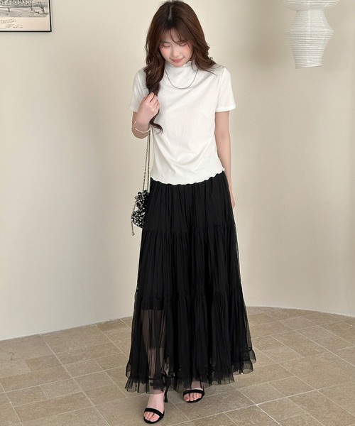 DAY CLOSET（デイ クローゼット）の「【ロング丈/裏地付き】軽やか仕上げ。ダブル ティアード スカート レディース（スカート・レディース・アイボリー/ブラック・FREE）」の15枚目の写真