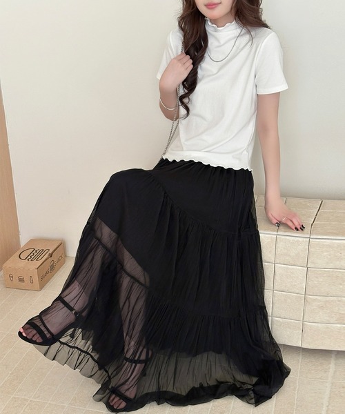 DAY CLOSET（デイ クローゼット）の「【ロング丈/裏地付き】軽やか仕上げ。ダブル ティアード スカート レディース（スカート・レディース・アイボリー/ブラック・FREE）」の16枚目の写真