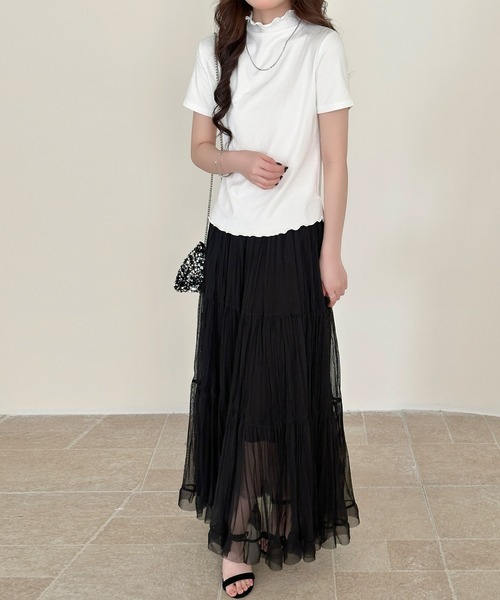 DAY CLOSET（デイ クローゼット）の「【ロング丈/裏地付き】軽やか仕上げ。ダブル ティアード スカート レディース（スカート・レディース・アイボリー/ブラック・FREE）」の17枚目の写真