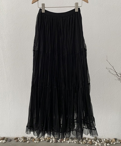 DAY CLOSET（デイ クローゼット）の「【ロング丈/裏地付き】軽やか仕上げ。ダブル ティアード スカート レディース（スカート・レディース・アイボリー/ブラック・FREE）」の18枚目の写真