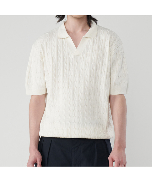 UNTAPPED STUDIO(アンタップドスタジオ)の「ウォッシャブルクールコットンケーブルオープンカラーニット4Color(Tシャツ/カットソー・レディース・ブラック/ネイビー/グリーン/アイボリー・M(95)/L/XL/2XL/XXX-LARGE)」の2枚目の写真