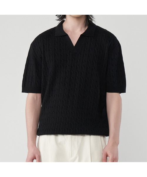 UNTAPPED STUDIO(アンタップドスタジオ)の「ウォッシャブルクールコットンケーブルオープンカラーニット4Color(Tシャツ/カットソー・レディース・ブラック/ネイビー/グリーン/アイボリー・M(95)/L/XL/2XL/XXX-LARGE)」の1枚目の写真