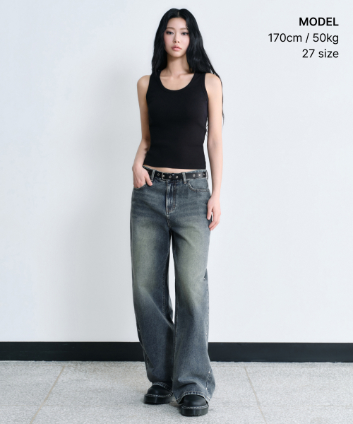 MUSINSA STANDARD WOMAN（ムシンサスタンダードウーマン）の「ウィメンズスタッズワイドデニムパンツ[ラスティブルー]（デニムパンツ・レディース・その他・30/24/25/26/27/28/29）」の2枚目の写真