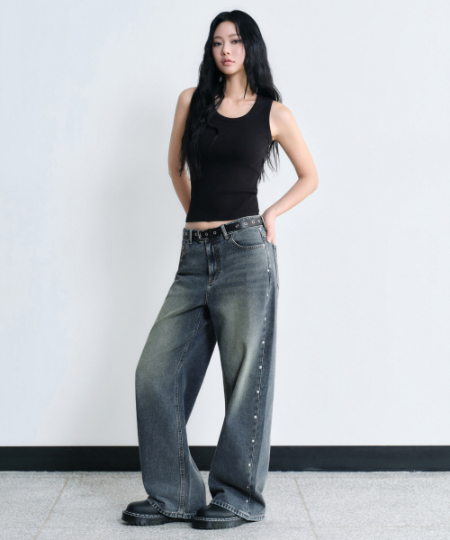 MUSINSA STANDARD WOMAN（ムシンサスタンダードウーマン）の「ウィメンズスタッズワイドデニムパンツ[ラスティブルー]（デニムパンツ・レディース・その他・30/24/25/26/27/28/29）」の3枚目の写真