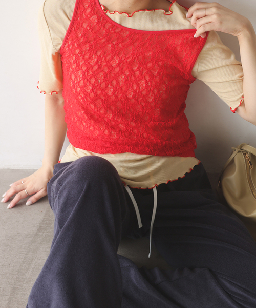 SLOBE IENA(スローブイエナ)の「《シリーズあり》カットレースタンク(Tシャツ/カットソー・レディース・レッド/ホワイト・FREE)」の2枚目の写真
