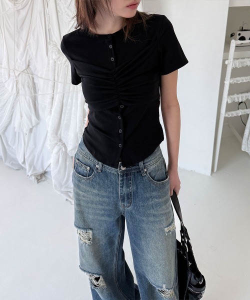 4INT.(フォイント)の「ダメージ ウォッシュド デニム ワイド パンツ(デニムパンツ・レディース・ブルー・L/M/S)」の7枚目の写真