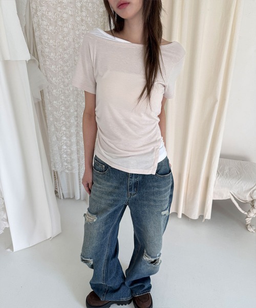 4INT.(フォイント)の「ダメージ ウォッシュド デニム ワイド パンツ(デニムパンツ・レディース・ブルー・L/M/S)」の12枚目の写真