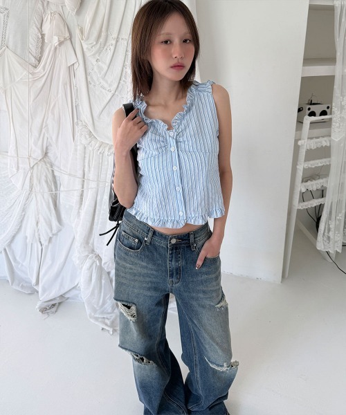 4INT.(フォイント)の「ダメージ ウォッシュド デニム ワイド パンツ(デニムパンツ・レディース・ブルー・L/M/S)」の16枚目の写真