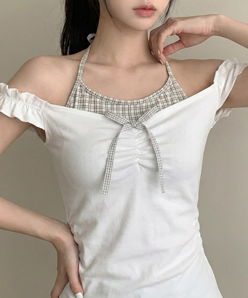 VIVID LADY(ビビッドレディー)の「インナードッキング オフショルトップス(Tシャツ/カットソー・レディース・チャコールグレー/グレー/アイボリー・FREE)」の2枚目の写真