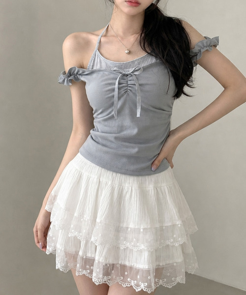 VIVID LADY(ビビッドレディー)の「インナードッキング オフショルトップス(Tシャツ/カットソー・レディース・チャコールグレー/グレー/アイボリー・FREE)」の6枚目の写真