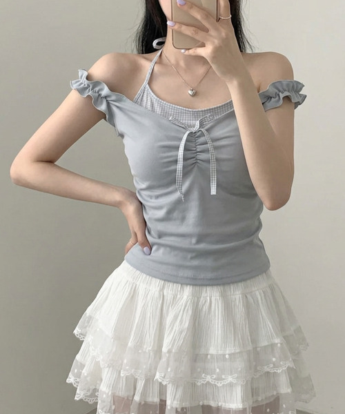 VIVID LADY(ビビッドレディー)の「インナードッキング オフショルトップス(Tシャツ/カットソー・レディース・チャコールグレー/グレー/アイボリー・FREE)」の7枚目の写真