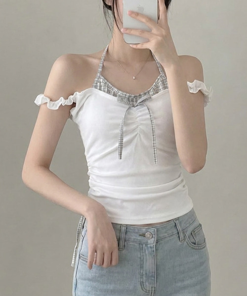 VIVID LADY(ビビッドレディー)の「インナードッキング オフショルトップス(Tシャツ/カットソー・レディース・チャコールグレー/グレー/アイボリー・FREE)」の15枚目の写真