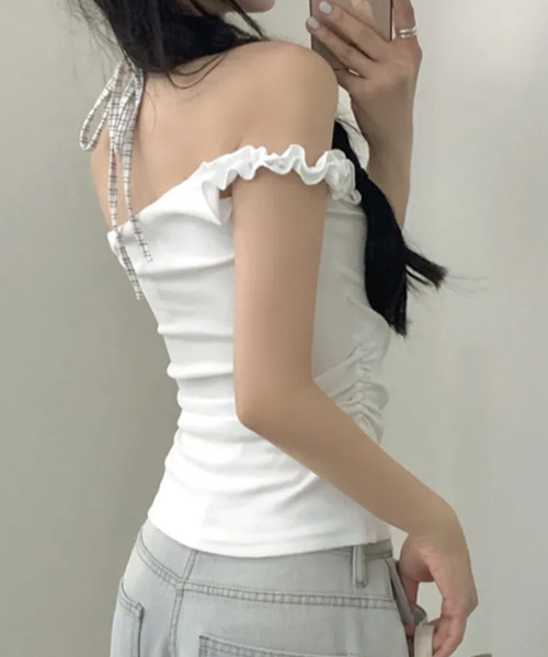 VIVID LADY(ビビッドレディー)の「インナードッキング オフショルトップス(Tシャツ/カットソー・レディース・チャコールグレー/グレー/アイボリー・FREE)」の16枚目の写真