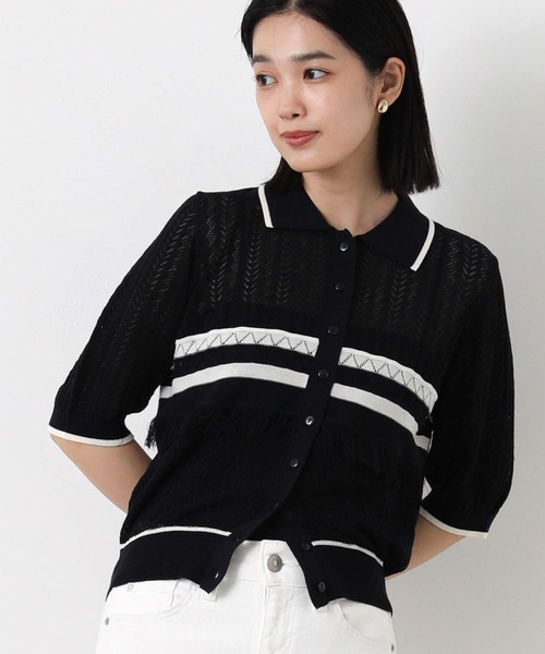 Gready Brilliant(グレディブリリアン)の「配色レース編みポロニット(ニット/セーター・レディース・ネイビー×ホワイト/ベージュ×ブラック・38)」の1枚目の写真
