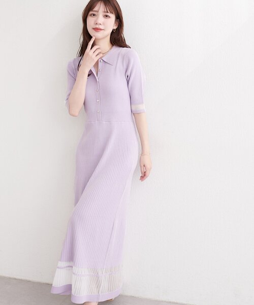 natural couture(ナチュラルクチュール)の「シアーデザインニットワンピース(ワンピース・レディース・オフホワイト/ラベンダー/ネイビー/グレー・FREE)」の4枚目の写真
