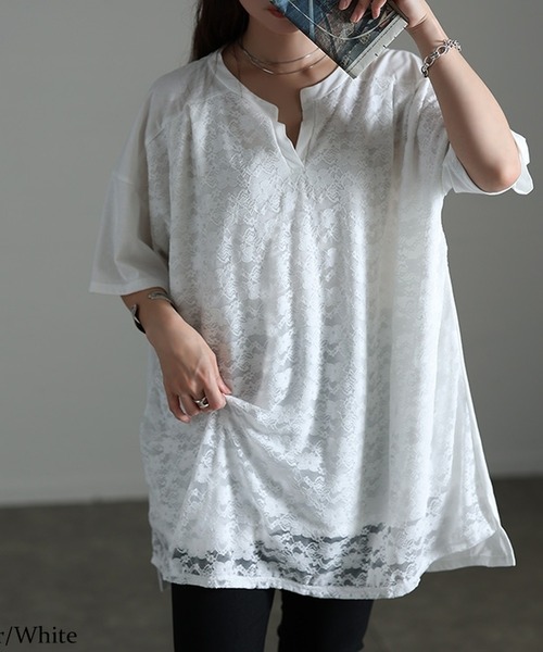 GOLDJAPAN(ゴールドジャパン)の「レースレイヤードチュニックTシャツ【大きいサイズ対応】(チュニック・レディース・ホワイト/ブラック・LL/3L/4L/5L)」の2枚目の写真