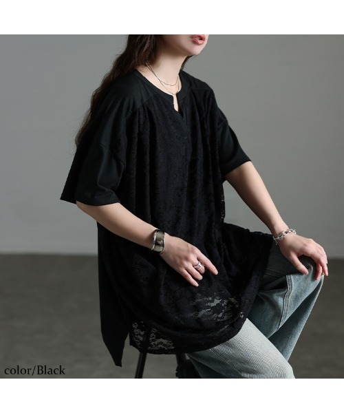 GOLDJAPAN(ゴールドジャパン)の「レースレイヤードチュニックTシャツ【大きいサイズ対応】(チュニック・レディース・ホワイト/ブラック・LL/3L/4L/5L)」の7枚目の写真