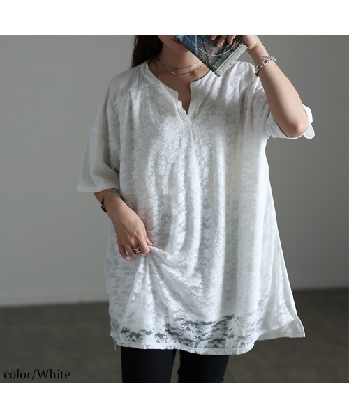レースレイヤードチュニックTシャツ【大きいサイズ対応】（チュニック