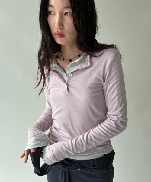 FUULLY STUDIO(フーリィーステューディオ)の「シアーヘンリーロングスリーブTOPS(Tシャツ/カットソー・レディース・チャコールグレー/ピンク/ライトグレー・FREE)」の3枚目の写真