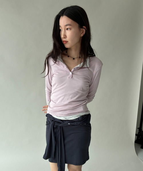 FUULLY STUDIO(フーリィーステューディオ)の「シアーヘンリーロングスリーブTOPS(Tシャツ/カットソー・レディース・チャコールグレー/ピンク/ライトグレー・FREE)」の20枚目の写真