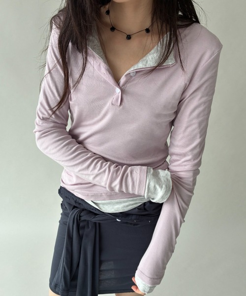 FUULLY STUDIO(フーリィーステューディオ)の「シアーヘンリーロングスリーブTOPS(Tシャツ/カットソー・レディース・チャコールグレー/ピンク/ライトグレー・FREE)」の14枚目の写真