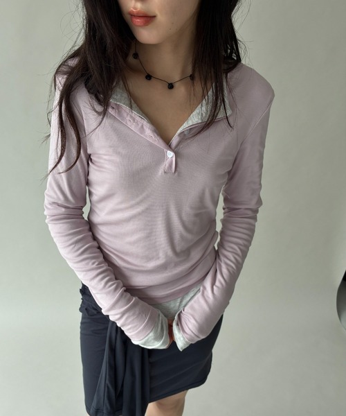 FUULLY STUDIO(フーリィーステューディオ)の「シアーヘンリーロングスリーブTOPS(Tシャツ/カットソー・レディース・チャコールグレー/ピンク/ライトグレー・FREE)」の15枚目の写真