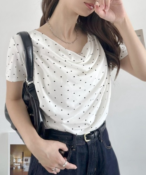 TREOVER（トレオーバー）の「上品なドレープが目を惹くドット柄トップス（Tシャツ/カットソー・レディース・オフホワイト/ブラック/杢グレー・FREE）」の17枚目の写真