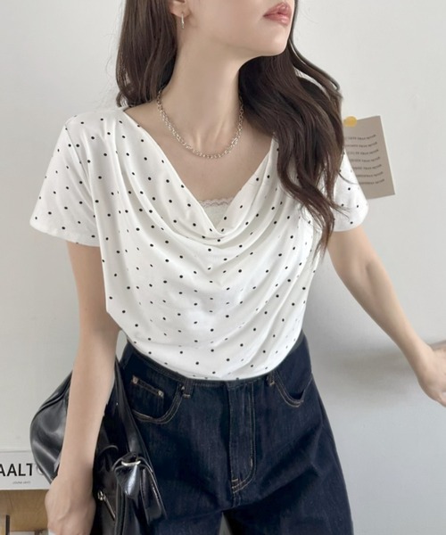 TREOVER（トレオーバー）の「上品なドレープが目を惹くドット柄トップス（Tシャツ/カットソー・レディース・オフホワイト/ブラック/杢グレー・FREE）」の20枚目の写真