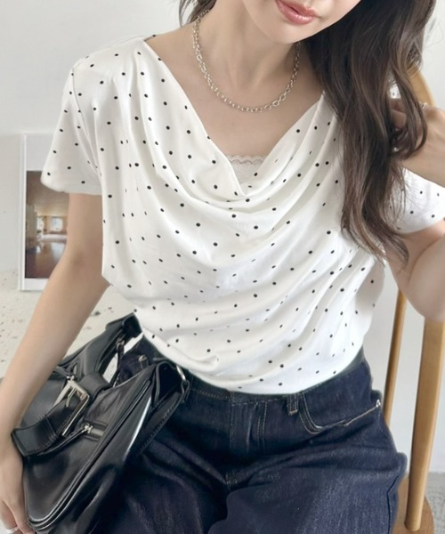 TREOVER（トレオーバー）の「上品なドレープが目を惹くドット柄トップス（Tシャツ/カットソー・レディース・オフホワイト/ブラック/杢グレー・FREE）」の21枚目の写真