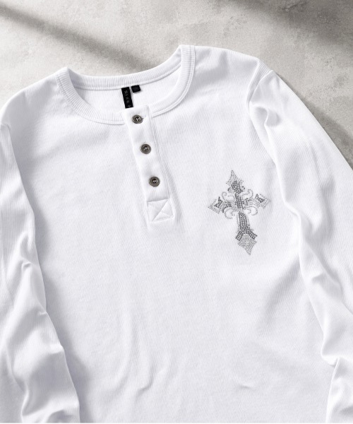 bike star(バイクスター)の「BIKESTAR ラインストーンジャストフィットテレコヘンリーネックT 長袖(Tシャツ/カットソー・メンズ・ホワイト/ブラック/ブラック系・L/M)」の2枚目の写真