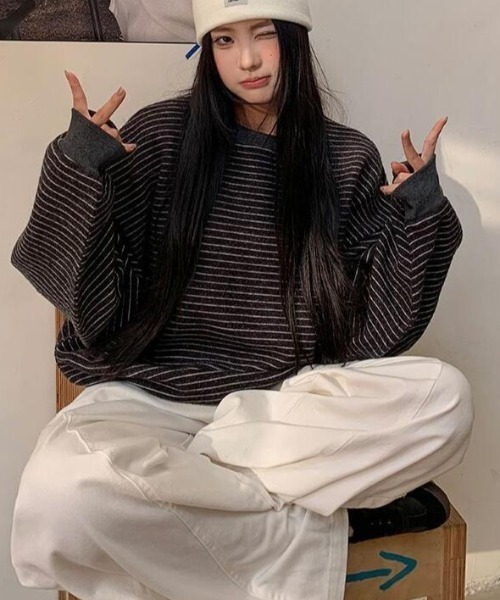semplice(センプリチェ)の「トレーナー【韓国ファッション】(スウェット・レディース・ベージュ/ブラック・F)」の3枚目の写真
