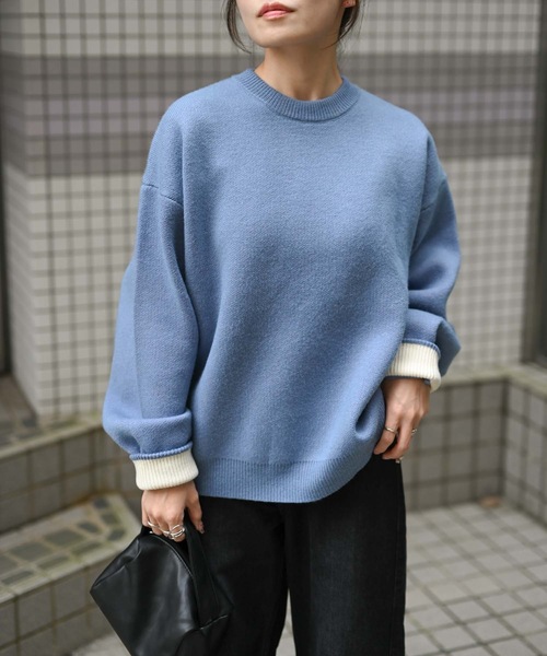 &HALF(アンドハーフ)の「袖配色クルーネックニット(洗えるニット)(ニット/セーター・レディース・グレー/ブルー/ブラック・FREE)」の15枚目の写真