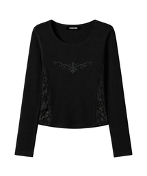 マキ レーススリムフィット長袖トップス (BLACK)