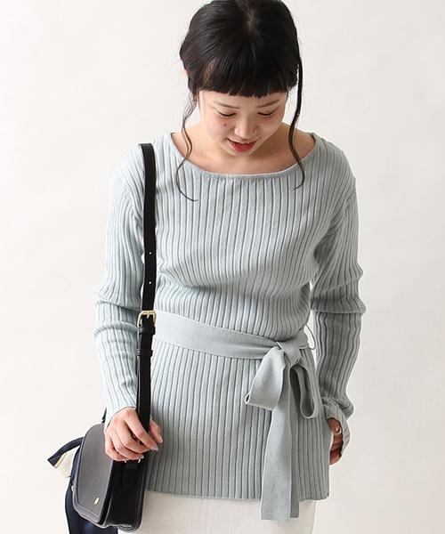 coen（コーエン）の「リボンベルト付きリブニット（ニット/セーター・レディース・オフホワイト/ネイビー/ライトブルー/ライトピンク・LARGE/MEDIUM）」の3枚目の写真