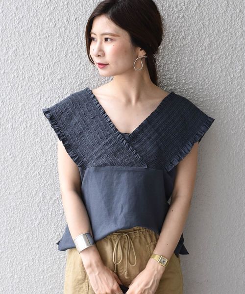 Prefer SHIPS（プリファーシップス）の「Prefer SHIPS:シャーリングオフショルダーブラウス（シャツ/ブラウス・レディース・オフホワイト/イエロー系その他2/ブルー・ONE SIZE）」の3枚目の写真