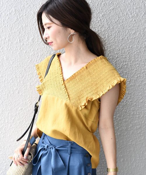 Prefer SHIPS（プリファーシップス）の「Prefer SHIPS:シャーリングオフショルダーブラウス（シャツ/ブラウス・レディース・オフホワイト/イエロー系その他2/ブルー・ONE SIZE）」の5枚目の写真