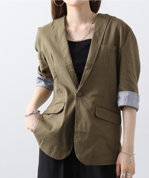 FUNALIVE（ファンアライブ）の「無地綿麻ストレッチ7分袖テーラードジャケット（テーラードジャケット・メンズ・ブラック/ベージュ/ネイビー/カーキ/キナリ・M/L/XL）」の4枚目の写真