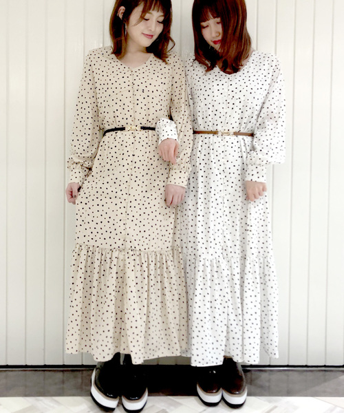 ドット柄長袖ロングワンピース 再入荷予定有!ドットワンピース ワンピース レディース ロング